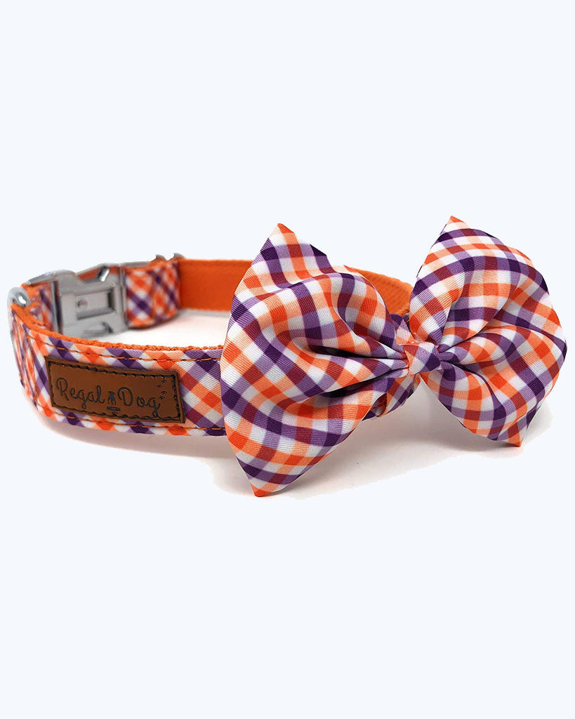 Purple / Orange Plaid - Bowtie Dog Collar