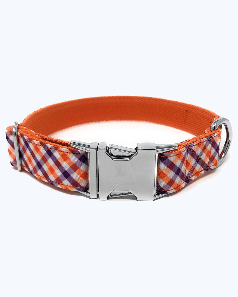 Purple / Orange Plaid - No Bowtie Dog Collar
