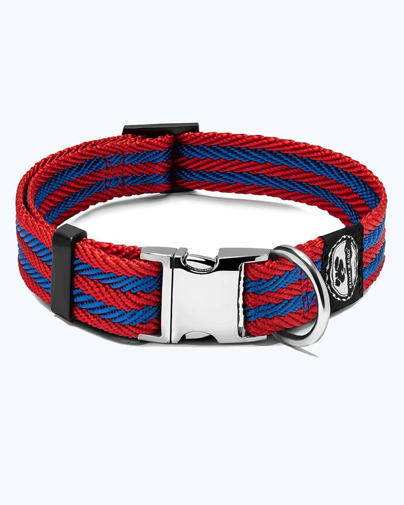 Red / Blue Stripe - Pet Collar with Metal Buckle and D Ring