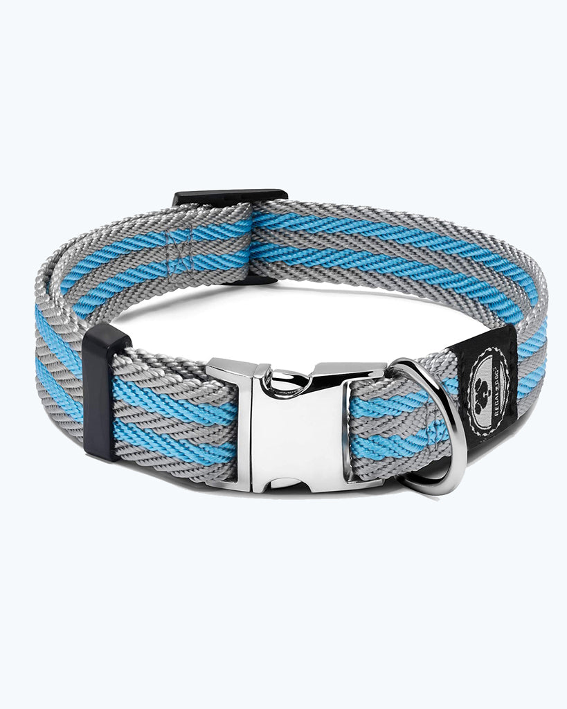 Blue/ Grey Stripe - Pet Collar with Metal Buckle and D Ring